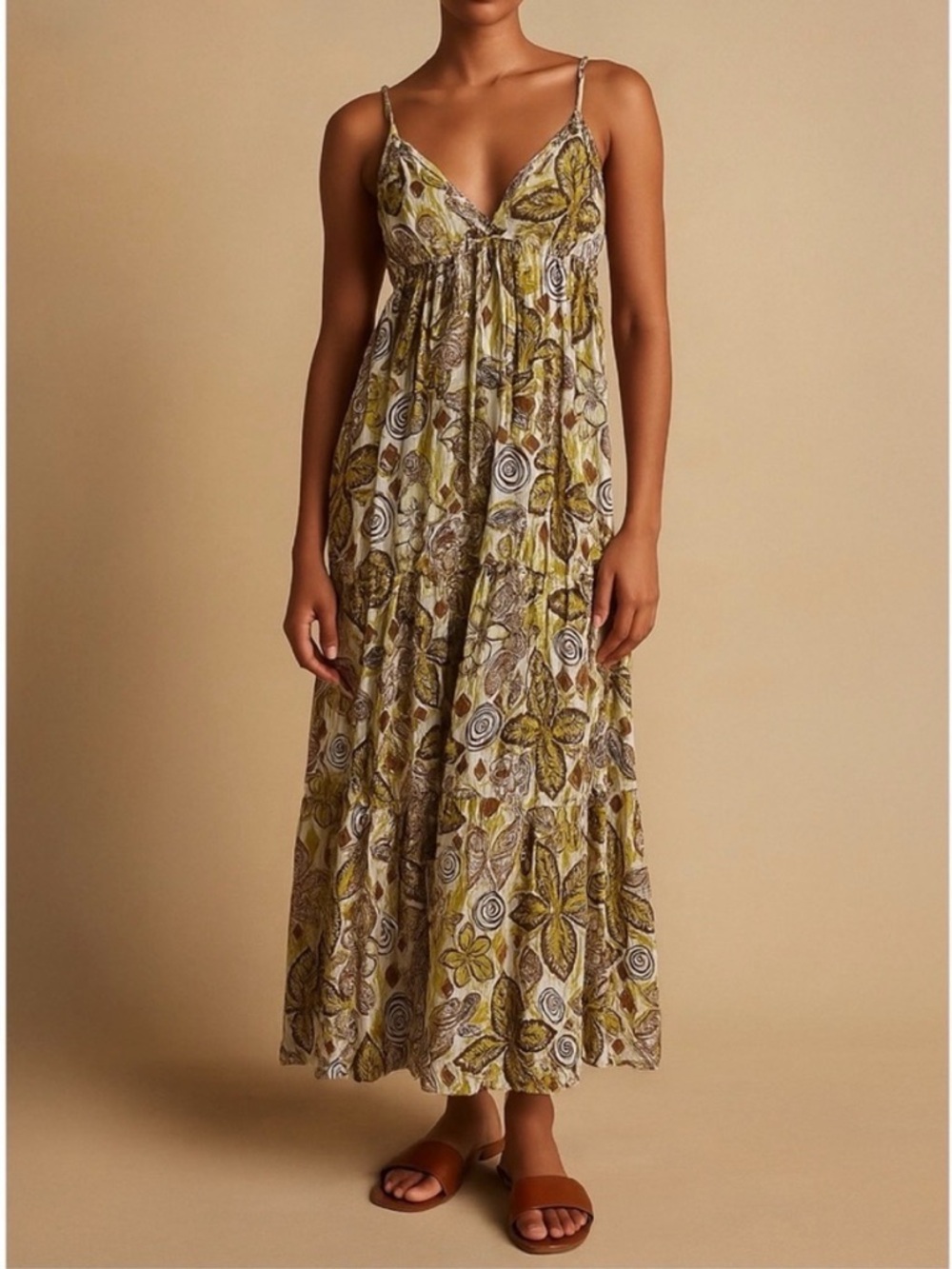 Derek Heart Boho Batik Print Maxi Dress Cotton Tiered Spaghetti Strap Small Y2K